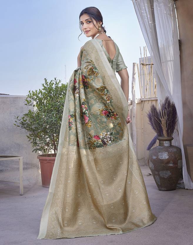 Graceful Sage Green Floral Saree with Elegant Woven Border