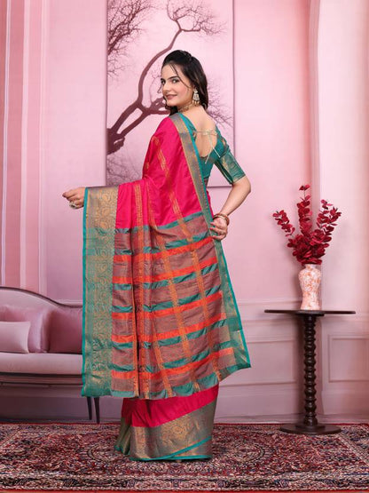 Royal Pink Silk Saree with Teal Green and Gold Zari Border