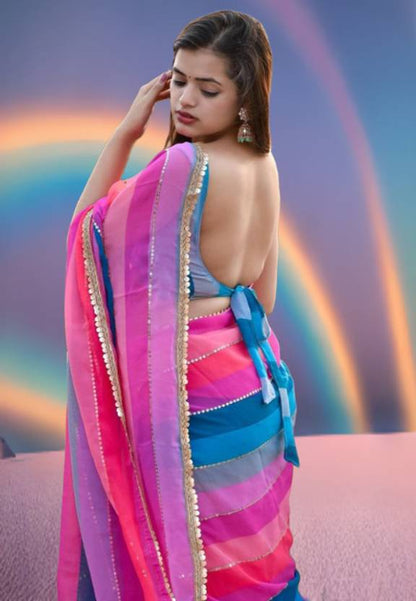 Vibrant Multicolor Striped Saree with Delicate Pearl Border