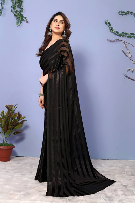 Elegant Black Striped Sheer Saree with Contemporary Drape