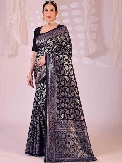Regal Black Banarasi Silk Saree with Intricate Gold Zari Weaving