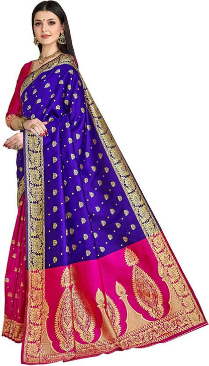 Royal Blue and Magenta Silk Saree with Rich Gold Zari Work