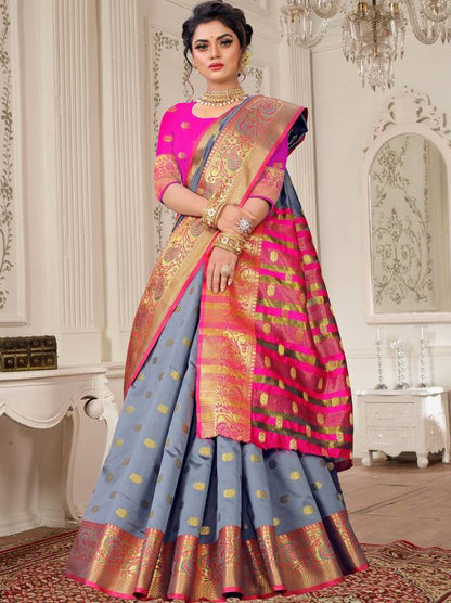 Elegant Steel Grey Silk Saree with Vibrant Pink and Gold Zari Border