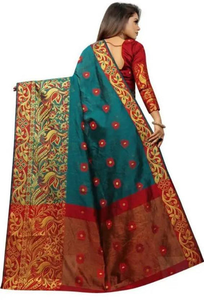 Teal Green Silk Saree with Rich Multicolor Traditional Print