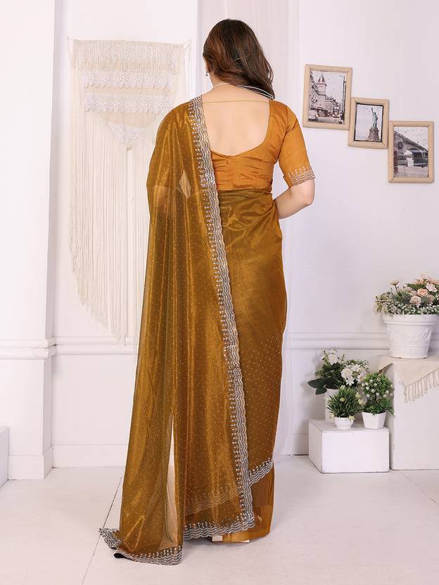 Elegant Golden Brown Shimmer Saree with Silver Lace Border