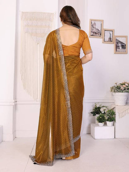 Elegant Golden Brown Shimmer Saree with Silver Lace Border