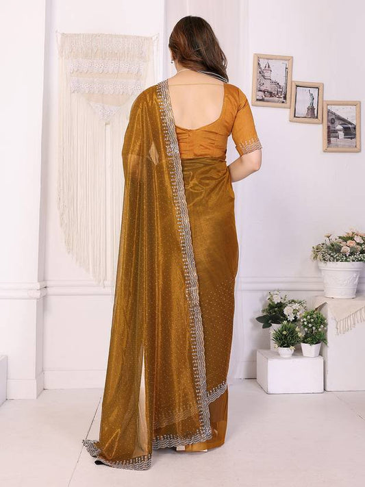 Elegant Golden Brown Shimmer Saree with Silver Lace Border