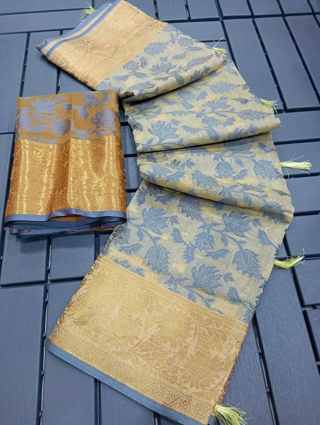 Elegant Beige Floral Silk Saree with Rich Gold Zari Border