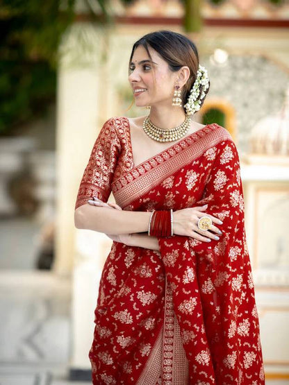 Classic Red Floral Silk Saree with Golden Border