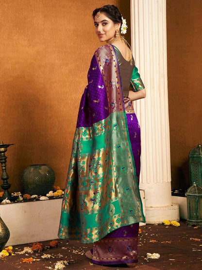 Royal Purple Silk Saree with Peacock Motifs and Contrast Pallu