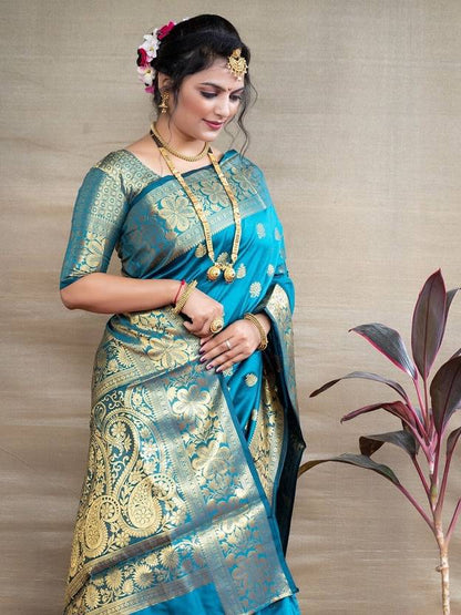 Teal Blue Silk Saree with Rich Gold Zari Weave
