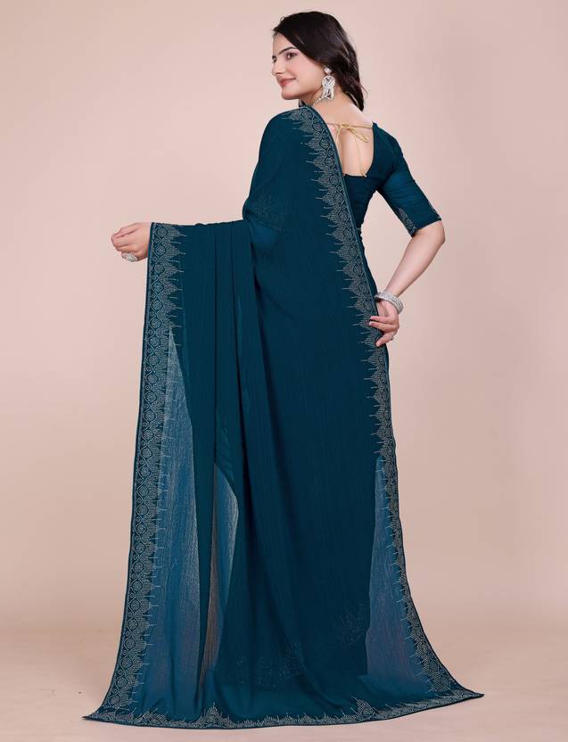 Teal Blue Saree with Delicate Lace Border