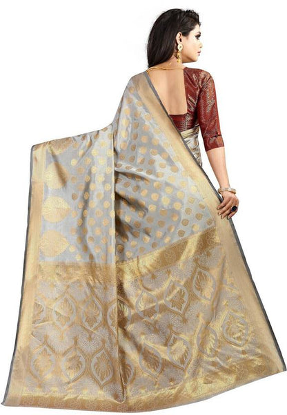 Elegant Beige & Maroon Banarasi Silk Saree with Gold Zari Border