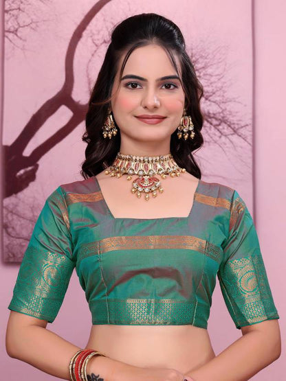 Royal Pink Silk Saree with Teal Green and Gold Zari Border