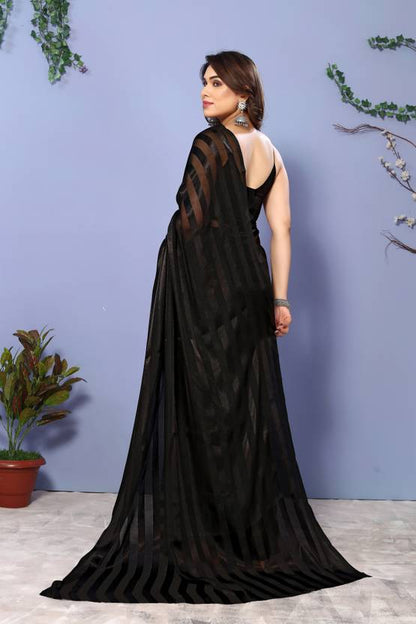 Elegant Black Striped Sheer Saree with Contemporary Drape