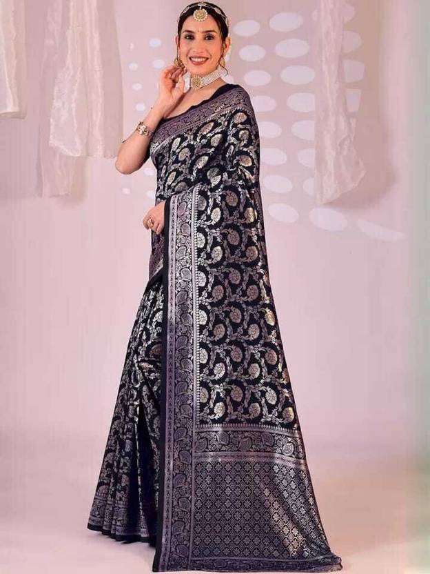 Regal Black Banarasi Silk Saree with Intricate Gold Zari Weaving
