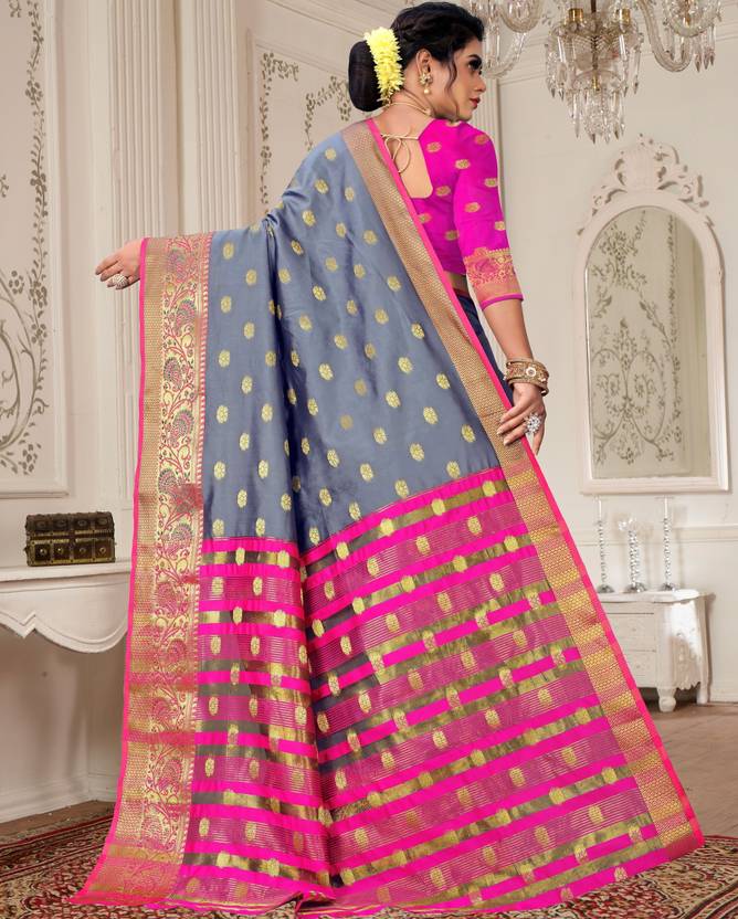 Elegant Steel Grey Silk Saree with Vibrant Pink and Gold Zari Border