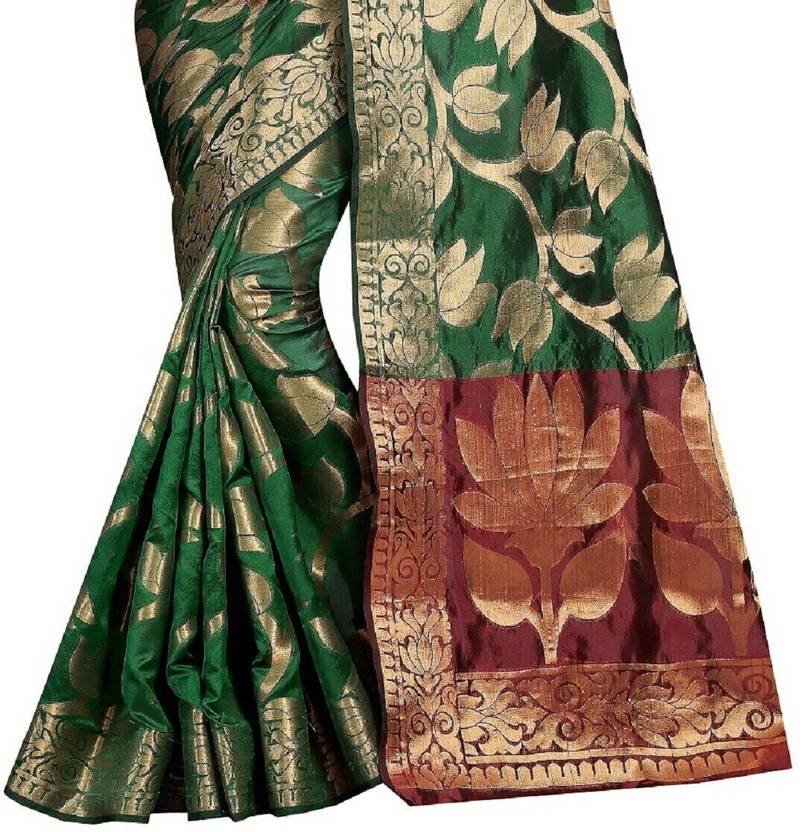 Classic Green Silk Saree with Rich Gold Floral Zari Work