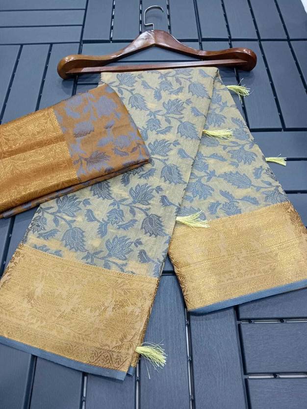 Elegant Beige Floral Silk Saree with Rich Gold Zari Border