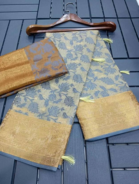 Elegant Beige Floral Silk Saree with Rich Gold Zari Border