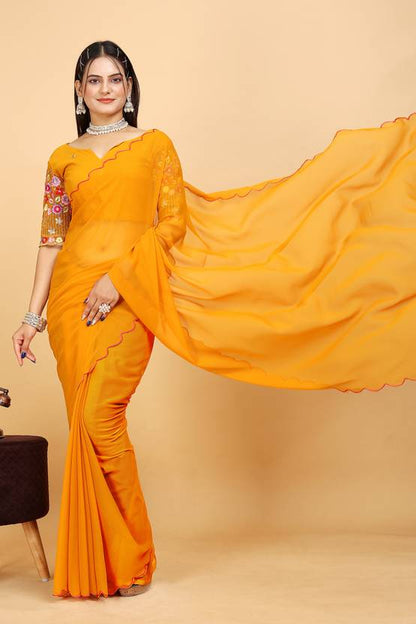 Radiant Mustard Yellow Georgette Saree with Scalloped Border