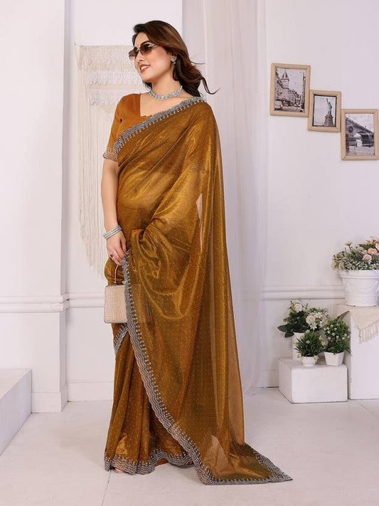 Elegant Golden Brown Shimmer Saree with Silver Lace Border