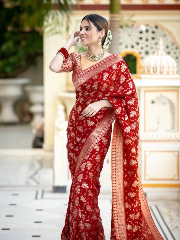 Classic Red Floral Silk Saree with Golden Border