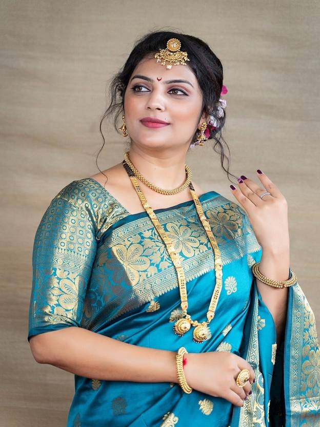 Teal Blue Silk Saree with Rich Gold Zari Weave