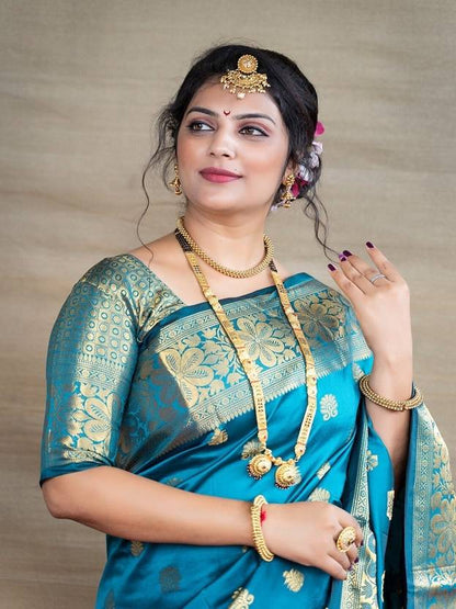Teal Blue Silk Saree with Rich Gold Zari Weave