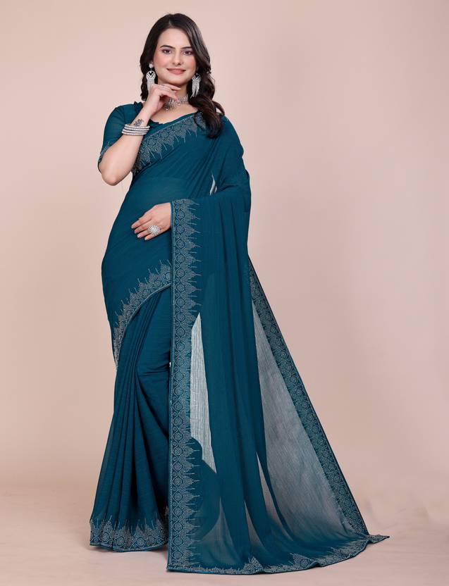 Teal Blue Saree with Delicate Lace Border