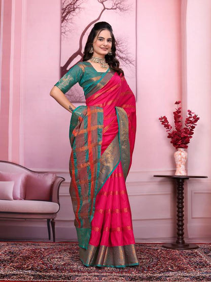 Royal Pink Silk Saree with Teal Green and Gold Zari Border