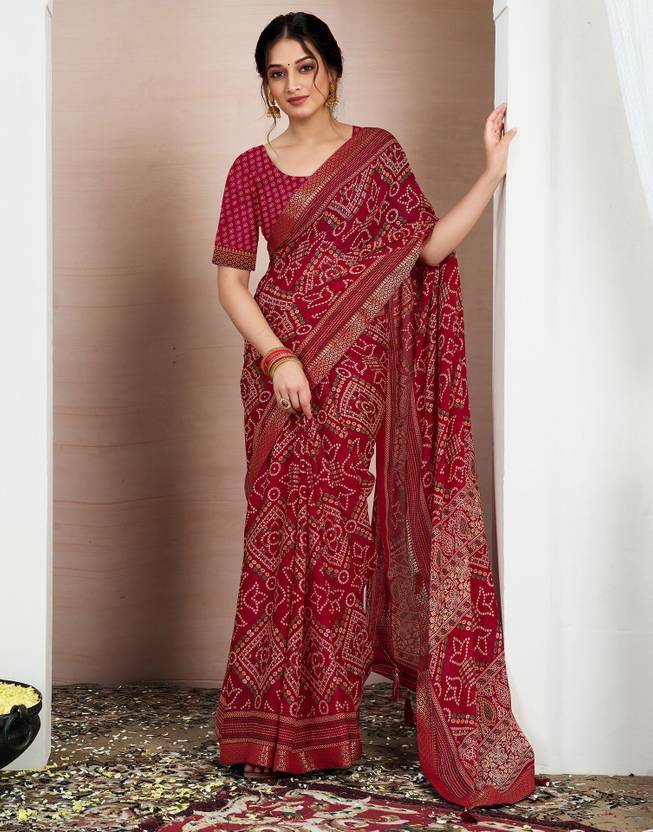 Regal Maroon Bandhani Print Saree with Traditional Ethnic Patterns