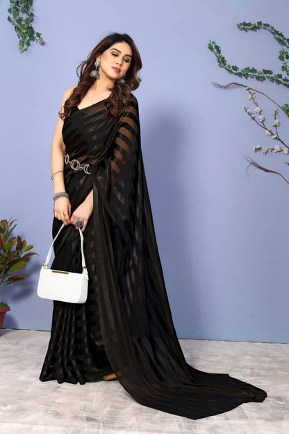 Elegant Black Striped Sheer Saree with Contemporary Drape