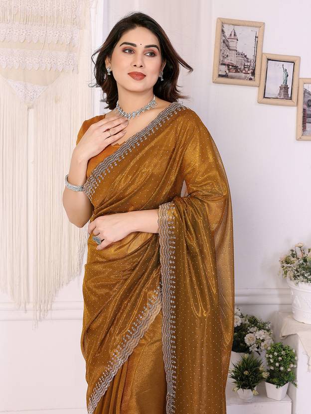 Elegant Golden Brown Shimmer Saree with Silver Lace Border