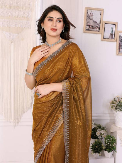 Elegant Golden Brown Shimmer Saree with Silver Lace Border