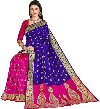 Royal Blue and Magenta Silk Saree with Rich Gold Zari Work