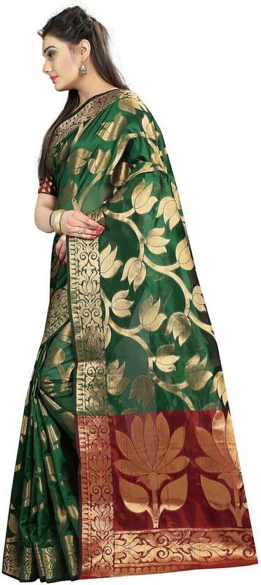 Classic Green Silk Saree with Rich Gold Floral Zari Work
