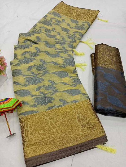 Elegant Beige Floral Silk Saree with Rich Gold Zari Border