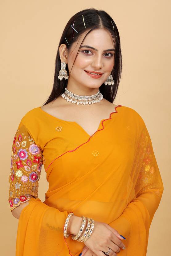 Radiant Mustard Yellow Georgette Saree with Scalloped Border
