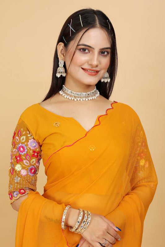 Radiant Mustard Yellow Georgette Saree with Scalloped Border