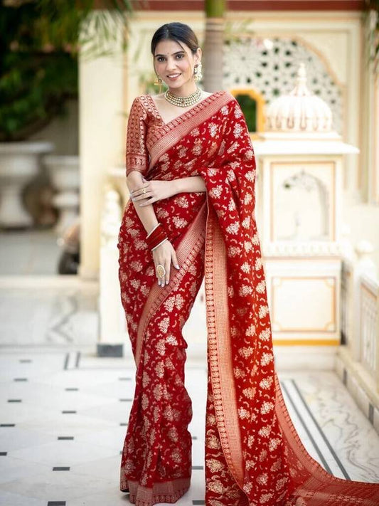 Classic Red Floral Silk Saree with Golden Border