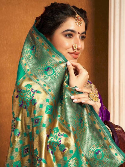 Royal Purple Silk Saree with Peacock Motifs and Contrast Pallu