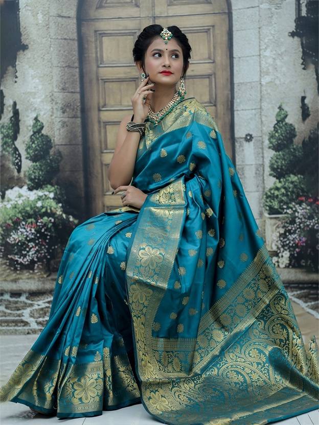 Teal Blue Silk Saree with Rich Gold Zari Weave
