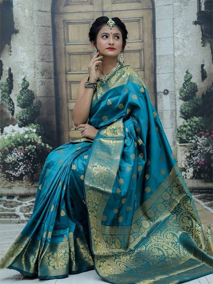 Teal Blue Silk Saree with Rich Gold Zari Weave