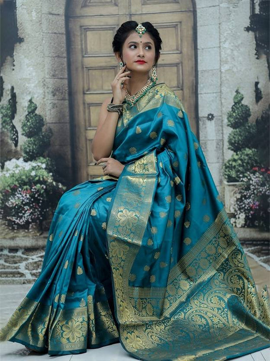 Teal Blue Silk Saree with Rich Gold Zari Weave
