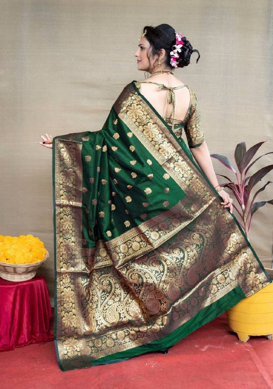Emerald Green Silk Saree with Antique Gold Zari Border