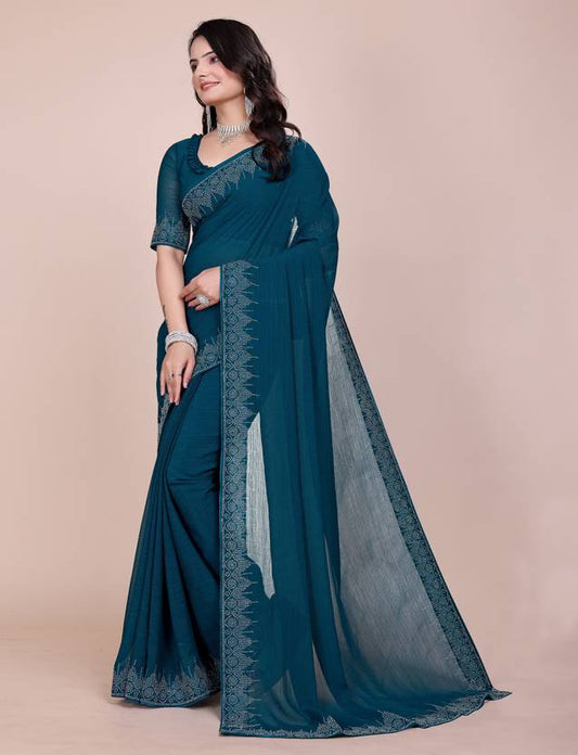 Teal Blue Saree with Delicate Lace Border