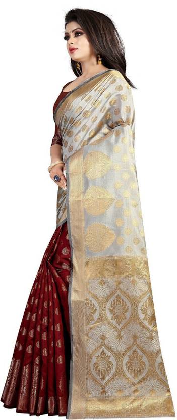 Elegant Beige & Maroon Banarasi Silk Saree with Gold Zari Border