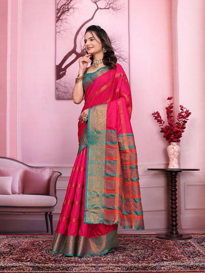 Royal Pink Silk Saree with Teal Green and Gold Zari Border