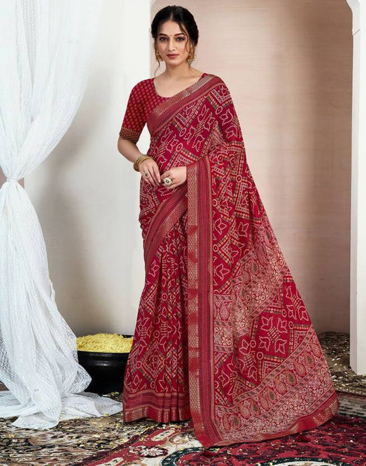 Regal Maroon Bandhani Print Saree with Traditional Ethnic Patterns